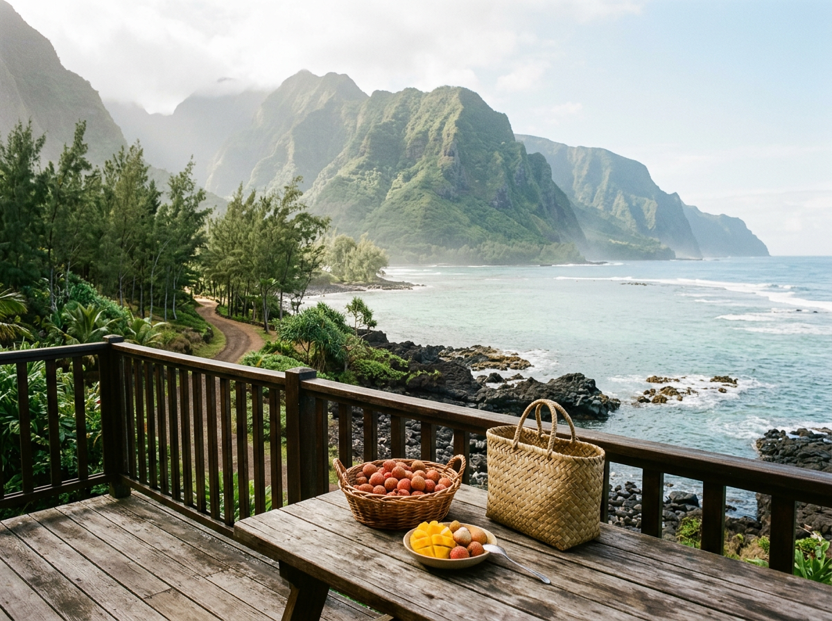 A wooden terrace table with lychees and a woven bag, overlooking a path, a black rock shore and green mountains