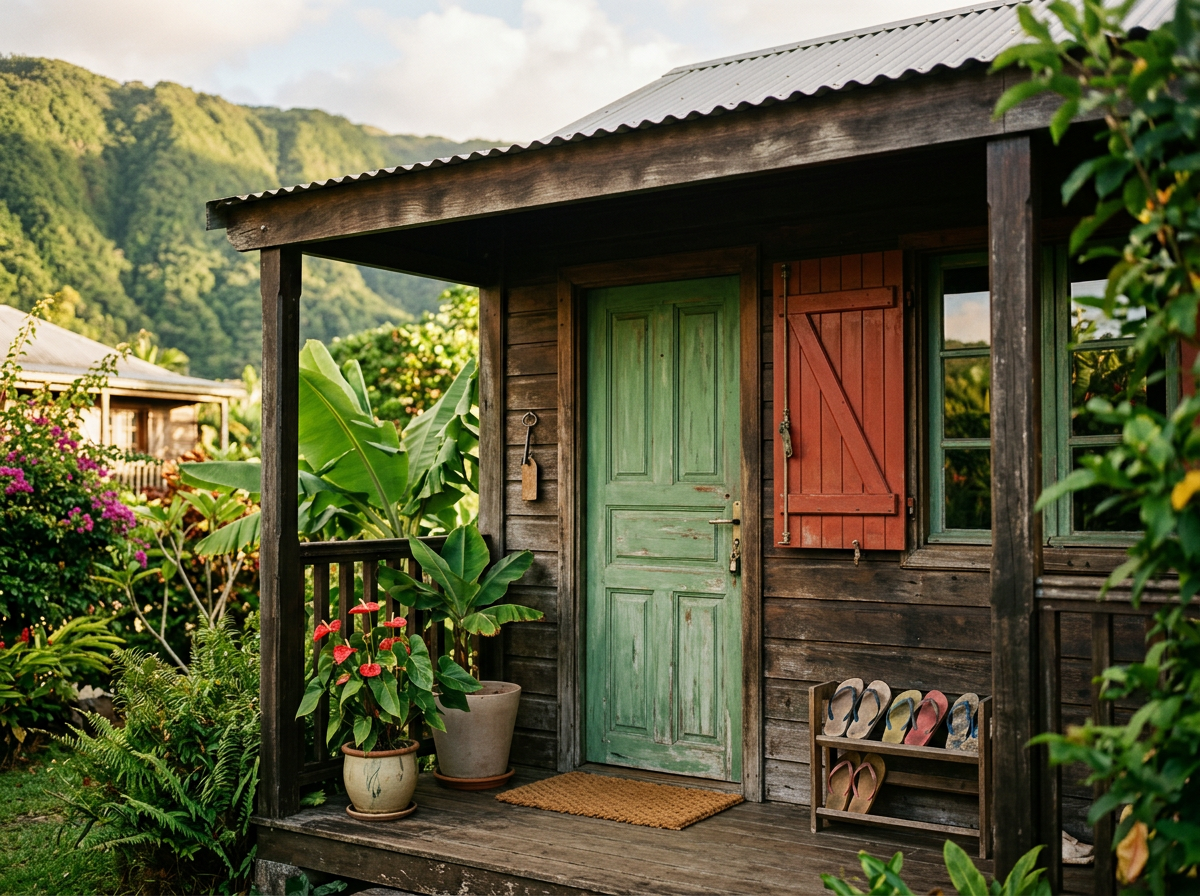 The veranda of a small gîte on La Réunion with a green door, a red shutter and a key hanging beside the door