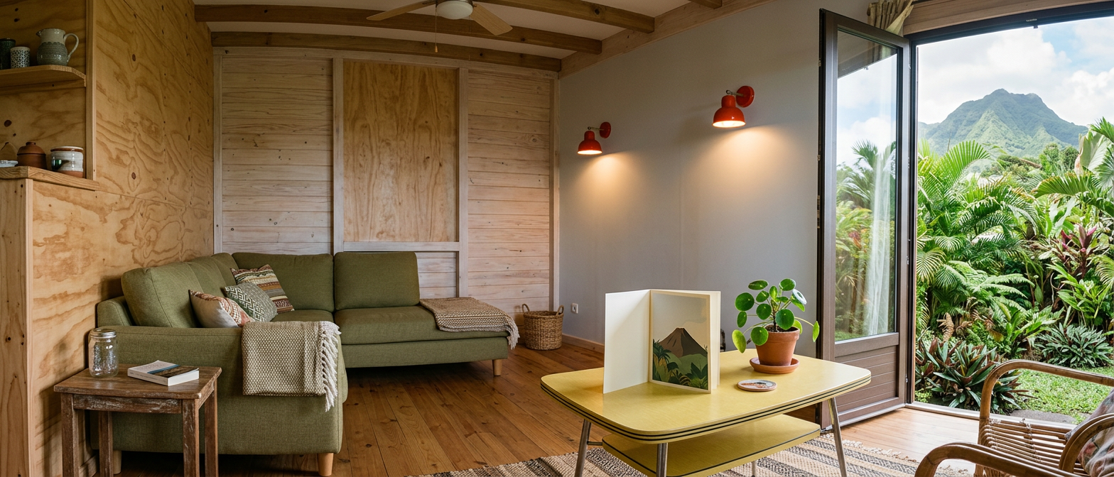 A living room in a creole cottage on La Réunion, with a printed welcome booklet open on a yellow table and the green mountains outside the open door