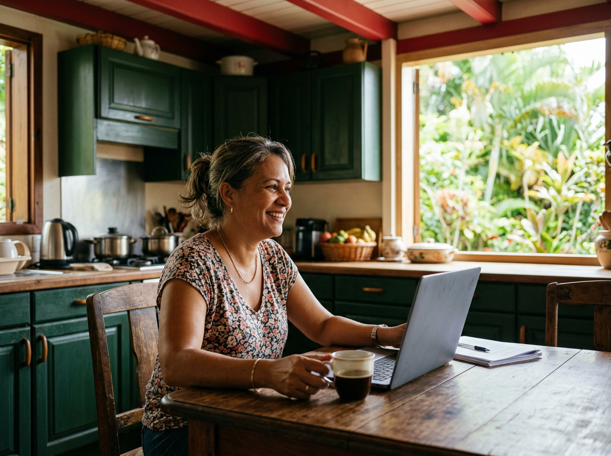 A host smiling at her laptop at a wooden kitchen table with green cabinets and a garden outside