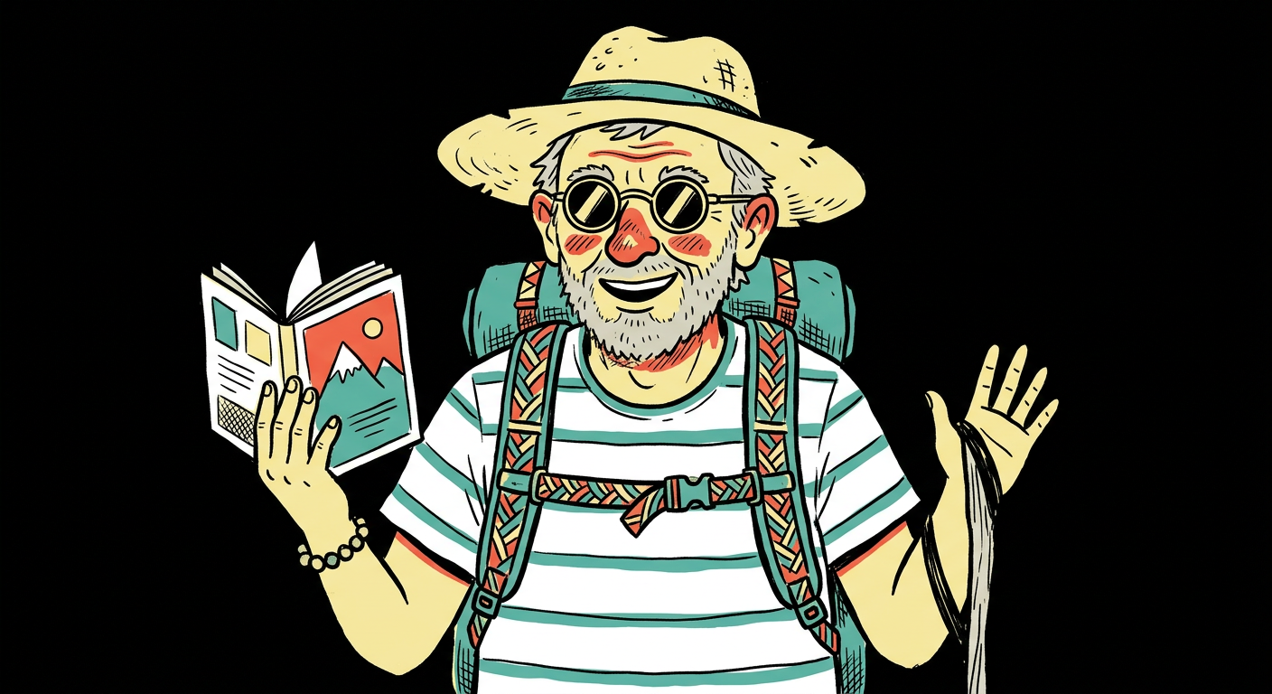 An illustrated hiker in a straw hat and striped shirt, holding up a small booklet